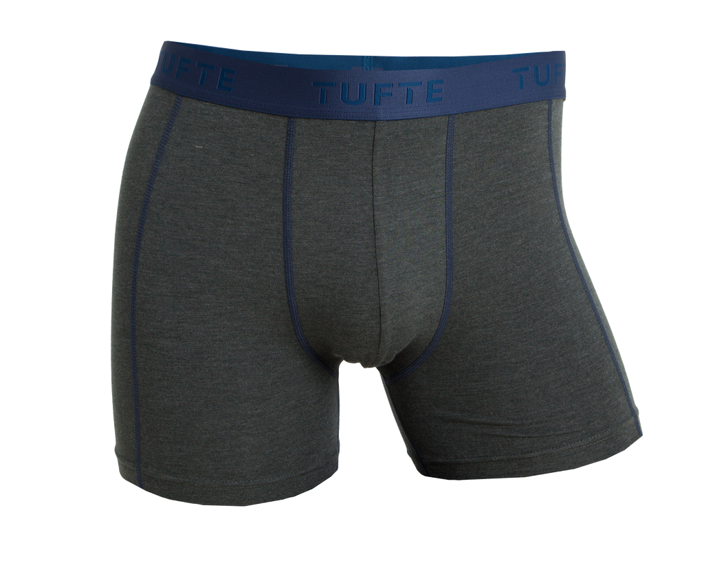 dunkelgüne Boxershorts von Tufte mit blauem Bund und blauen Nähten - von vorne