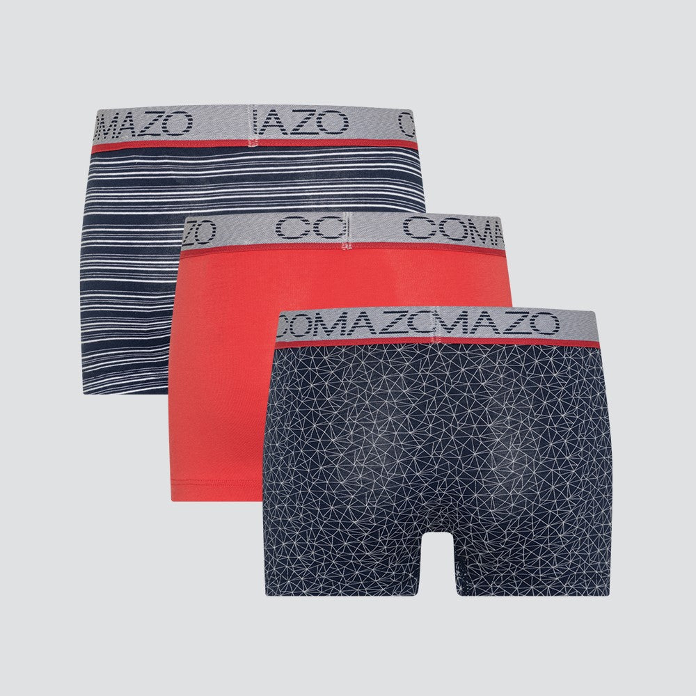 3 unterschiedlich bedruckte Kinderboxershorts aus Biobaumwolle - Rückansicht