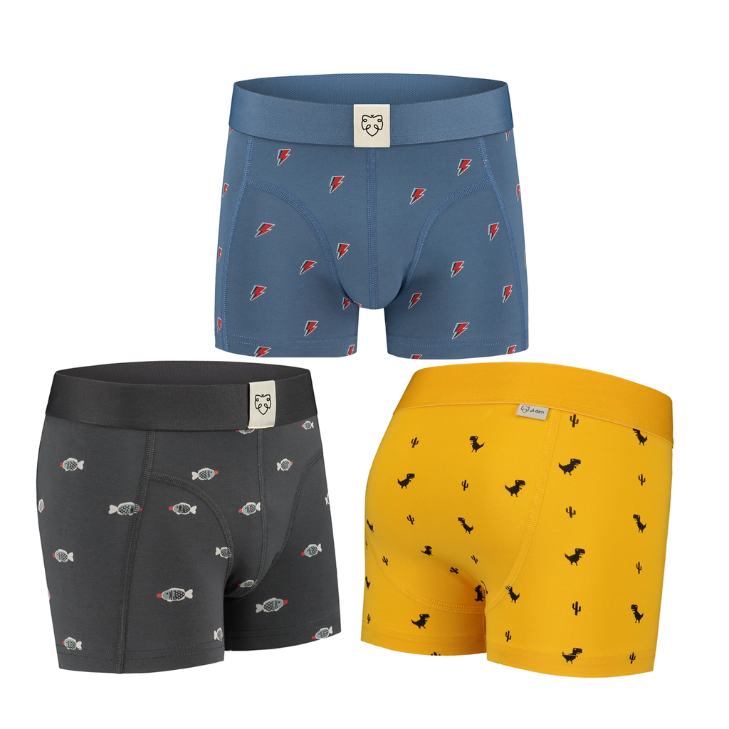 3 Kinder Boxershorts in blau, gelb und schwarz mit Prints