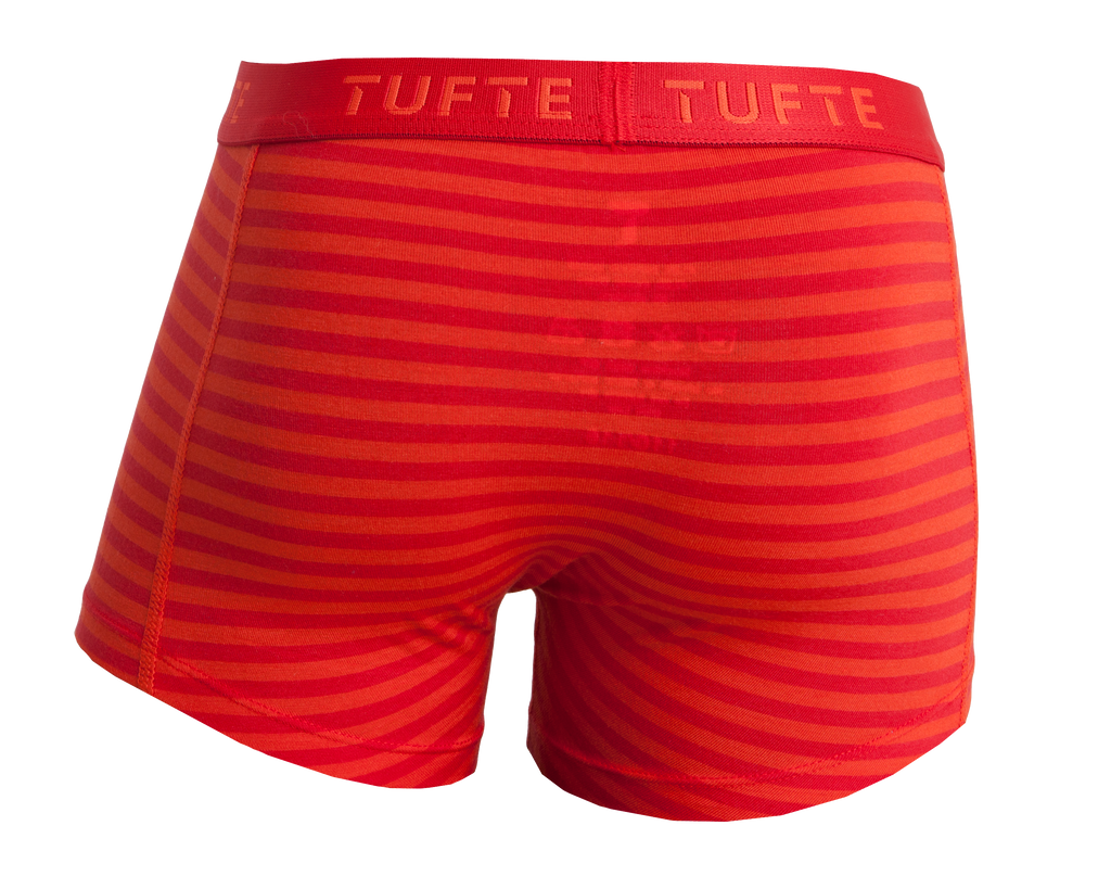 Tufte Kinder Boxershorts aus Bambus Softboost, rot-orange gestreift. Von hinten