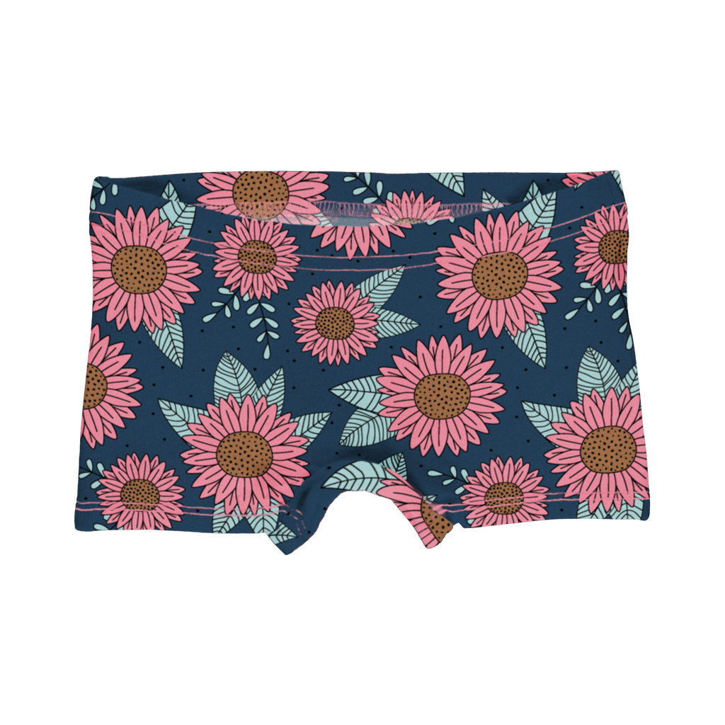 Panty für Kinder aus Biobaumwolle, dunkelblau mit pinken Sonnenblumen