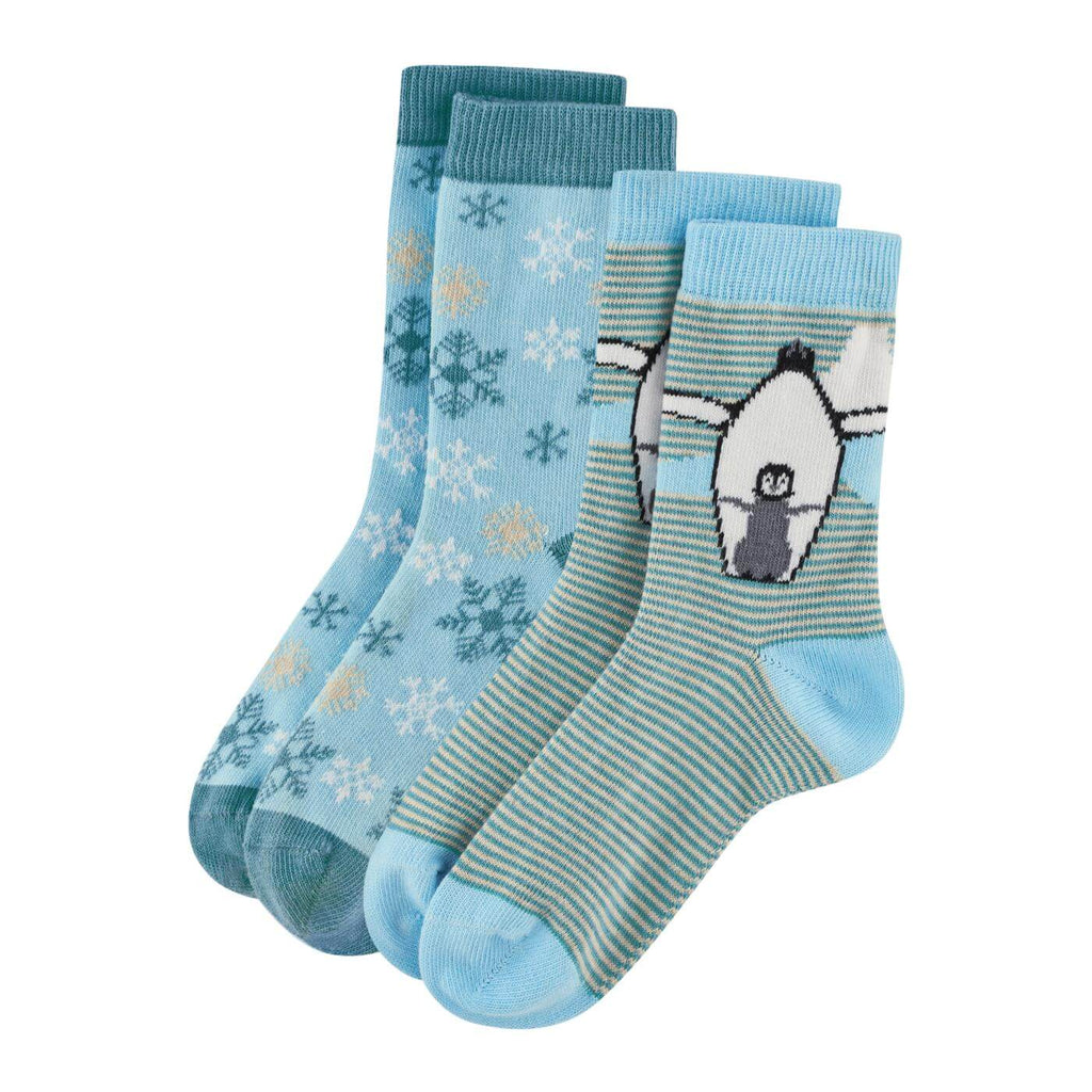 Doppelpack Kindersocken aus Biobaumwolle in blau mit Schneeflocken und Pinguinen