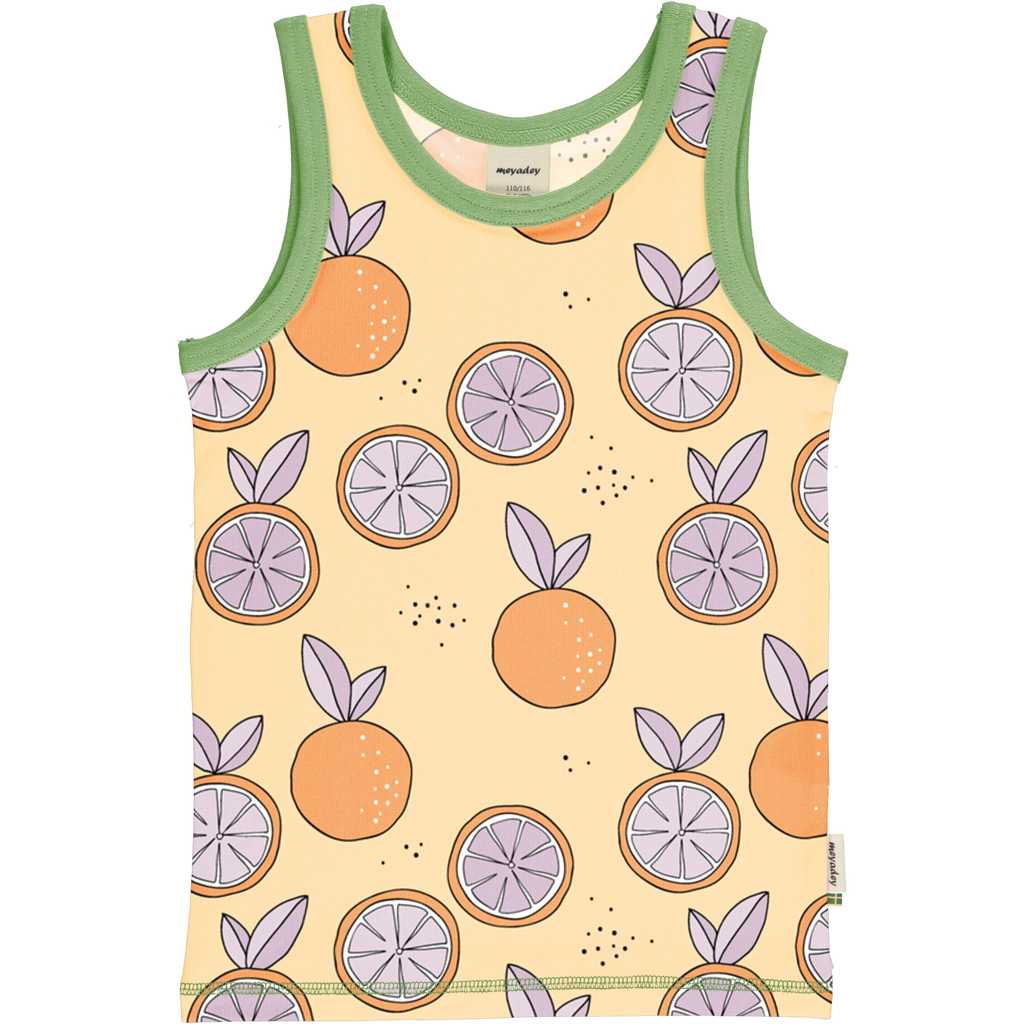 Kinderunterhemd aus Biobaumwolle Orange mit Zitrusfrüchten und grünen Bördchen