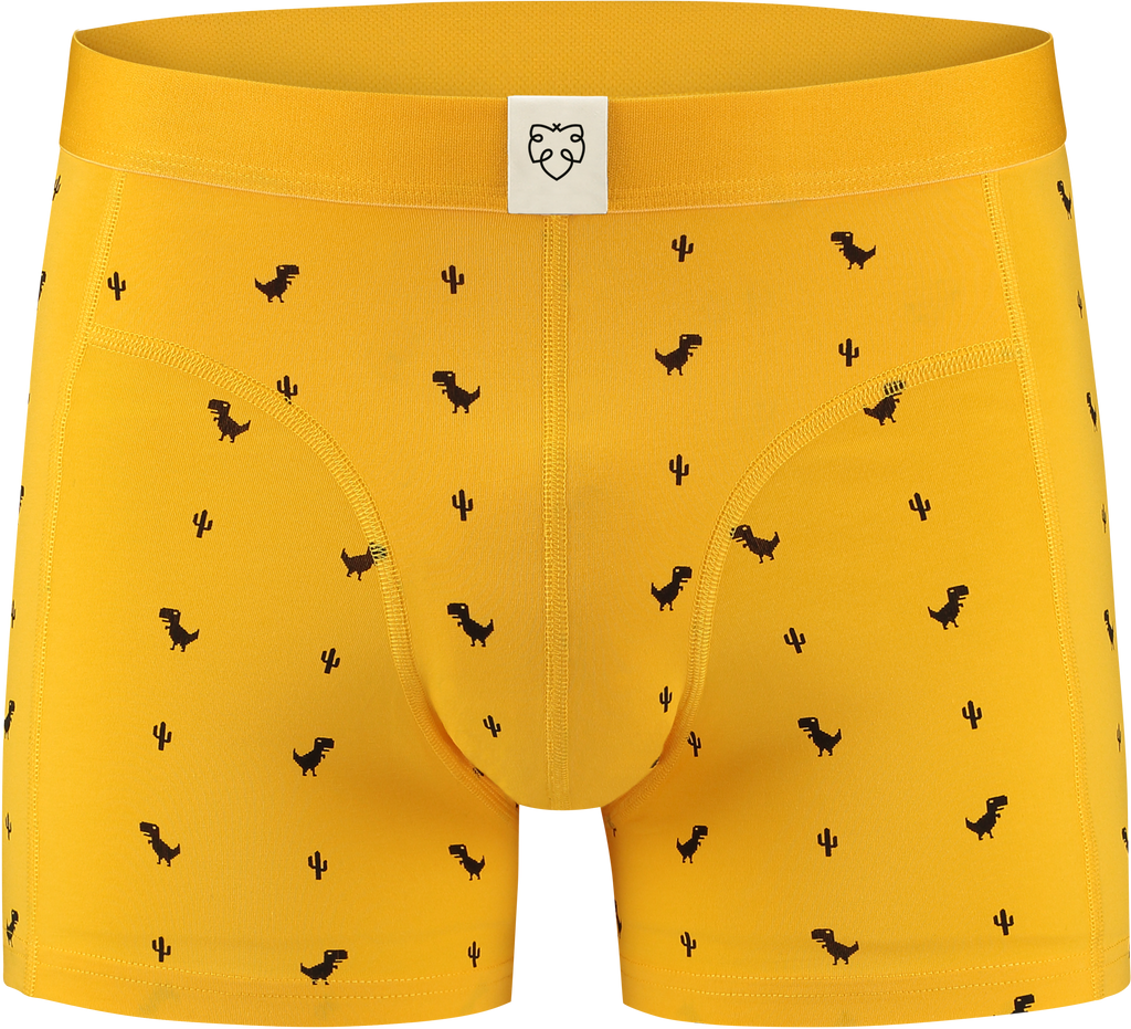 nachhaltige Boxershorts aus Biobaumwolle - gelb mit Chrome Dino - von vorne