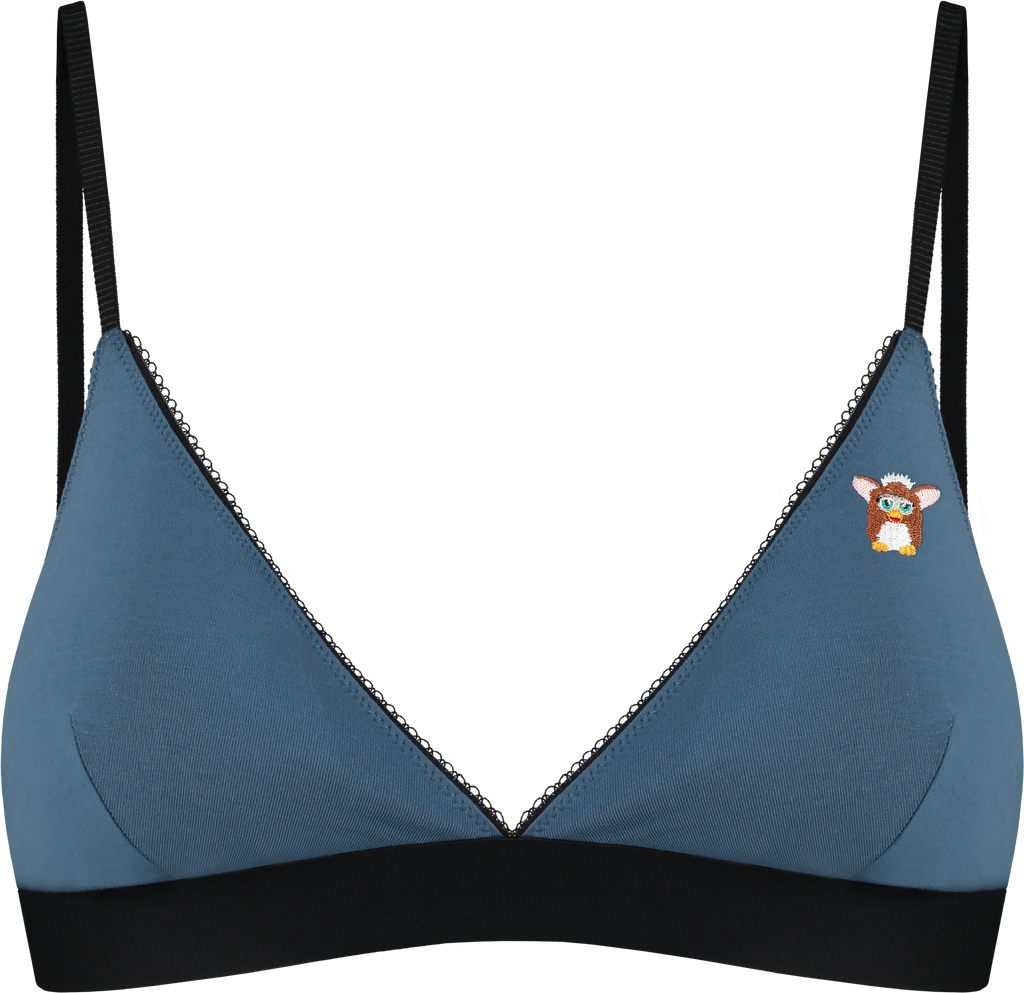 blaue Bralette aus Biobaumwolle mit aufgesticktem Furby