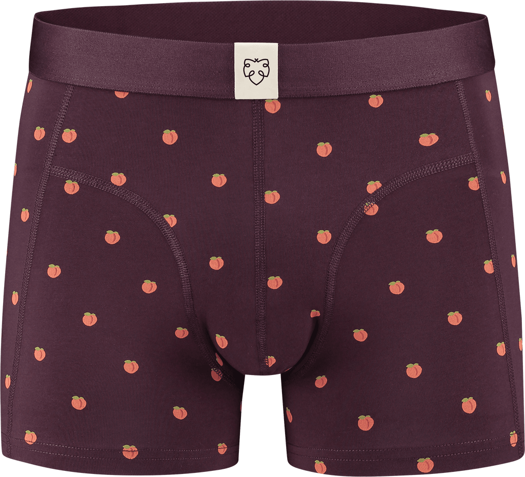 nachhaltige Boxershorts aus Biobaumwolle - dunkelrot mit Pfirsichen - von vorne